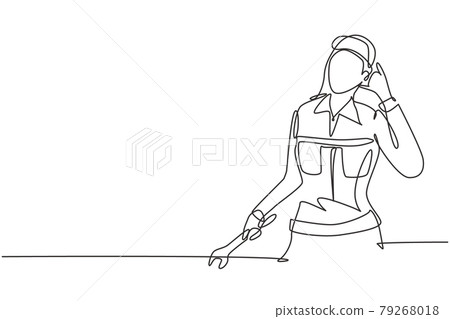 Continuous one line drawing female mechanic with call me gesture and holding wrench works to fix broken car engine in garage. Success business. Single line draw design vector graphic illustration 79268018