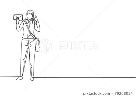Single continuous line drawing postwoman standing with call me gesture, sling bag, uniform, holding envelope delivering mail to home address. Dynamic one line draw graphic design vector illustration Single continuous line drawing postwoman standing with call me gesture, sling bag, uniform, holding envelope delivering mail to home address. Dynamic one line draw graphic design vector illustration 79268034