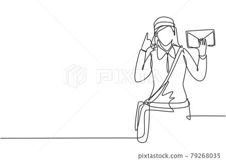 Single continuous line drawing postwoman wearing hat, sling bag, and uniform with call me gesture holds envelope to delivered to home address. Dynamic one line draw graphic design vector illustration Single continuous line drawing postwoman wearing hat, sling bag, and uniform with call me gesture holds envelope to delivered to home address. Dynamic one line draw graphic design vector illustration 79268035