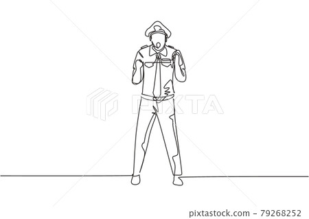 Continuous one line drawing pilot stands with celebrate gesture and complete uniform serves airplane passengers fly to destination. Success person. Single line draw design vector graphic illustration Continuous one line drawing pilot stands with celebrate gesture and complete uniform serves airplane passengers fly to destination. Success person. Single line draw design vector graphic illustration 79268252
