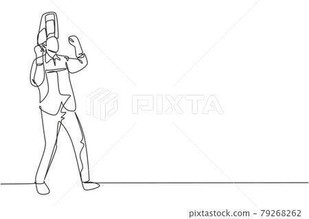 Continuous one line drawing welder stands with celebrate gesture and face shield is removed ready to work in his iron workshop. Successful business. Single line draw design vector graphic illustration 79268262