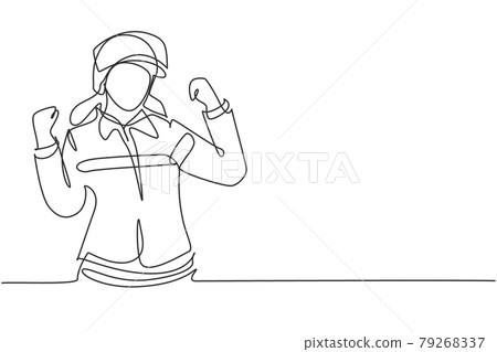 Single one line drawing female firefighter with celebrate gesture, uniform and wearing helmet prepare to put out the fire that burned building. Continuous line draw design graphic vector illustration 79268337