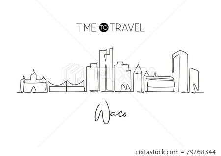 Single continuous line drawing of Waco skyline, Texas. Famous city scraper landscape. World travel home wall decor art poster print concept. Modern one line draw design vector graphic illustration 79268344