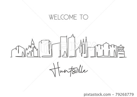 One continuous line drawing of Huntsville city skyline, Alabama. Beautiful landmark. World landscape tourism travel wall decor poster, postcard. Stylish single line draw design vector illustration One continuous line drawing of Huntsville city skyline, Alabama. Beautiful landmark. World landscape tourism travel wall decor poster, postcard. Stylish single line draw design vector illustration 79268779