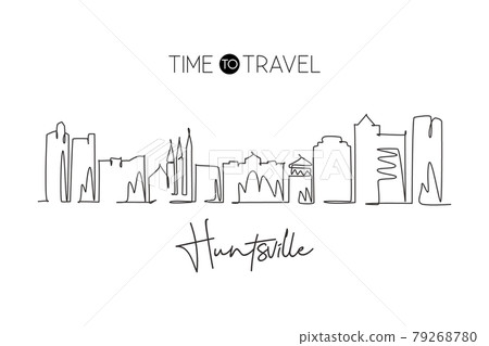 Single continuous line drawing of Huntsville skyline, Alabama. Famous city scraper landscape. World travel home wall decor art poster print concept. Modern one line draw design vector illustration Single continuous line drawing of Huntsville skyline, Alabama. Famous city scraper landscape. World travel home wall decor art poster print concept. Modern one line draw design vector illustration 79268780