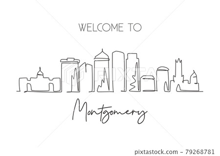 One continuous line drawing of Montgomery city skyline, Alabama. Beautiful landmark. World landscape tourism travel wall decor poster art, postcard. Stylish single line draw design vector illustration 79268781