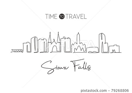 One single line drawing Sioux Falls city skyline, South Dakota. World historic town landscape. Best holiday destination postcard. Editable stroke trendy continuous line draw design vector illustration One single line drawing Sioux Falls city skyline, South Dakota. World historic town landscape. Best holiday destination postcard. Editable stroke trendy continuous line draw design vector illustration 79268806