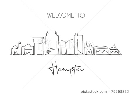 One single line drawing Hampton city skyline, Virginia. World historical town landscape. Best holiday destination postcard print. Editable stroke trendy continuous line draw design vector illustration 79268823