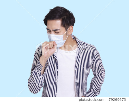 young man coughs protective medical mask infection 79269673