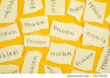 The concept of many unsolved problems or depression. Ragged sticker with the word "problem" on a yellow background. The concept of many unsolved problems or depression. Ragged sticker with the word "problem" on a yellow background. 79270056