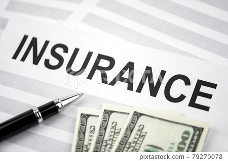 Concept of expensive insurance. Pen lying with paper printed out the word "insurance" and US dollar bills. Concept of expensive insurance. Pen lying with paper printed out the word "insurance" and US dollar bills. 79270078
