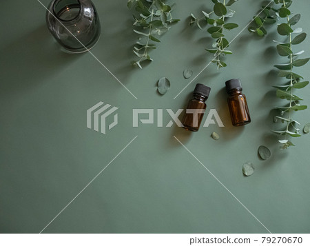 Eucalyptus leaves and aroma oil bottle. Green, foliage plants, relaxation, hobbies. 79270670