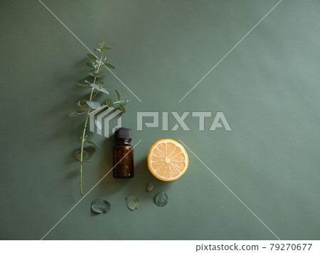 Lemon and orange citrus and eucalyptus leaves. Relaxing aroma scent. 79270677