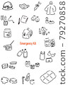 Evacuation tool set for disaster prevention drawn with loose handwritten lines 79270858