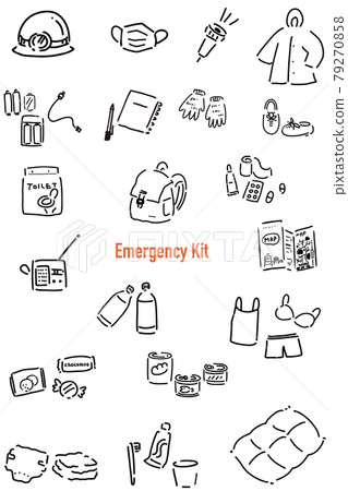 Evacuation tool set for disaster prevention drawn with loose handwritten lines 79270858