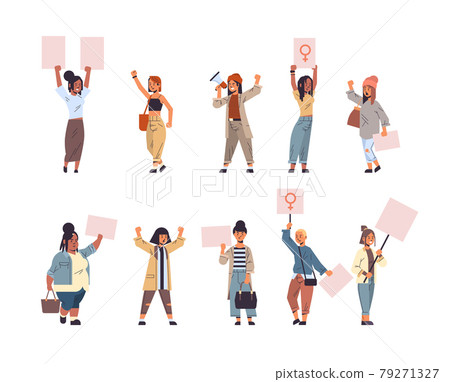 set mix race activists protesting holding placards with female gender sign feminist demonstration girl power movement rights protection women empowerment concept full length 79271327