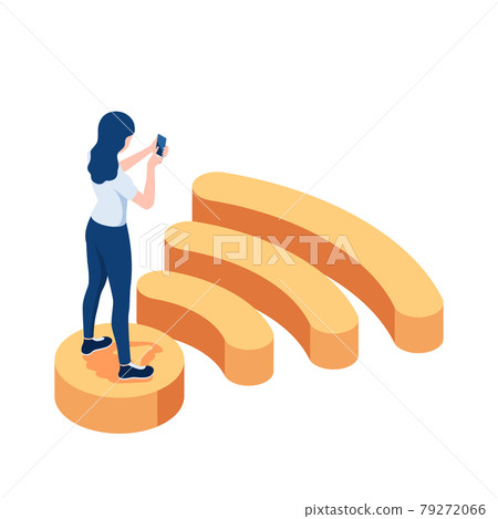 Isometric Woman Standing on Wifi Symbol and Using Smartphone Isometric Woman Standing on Wifi Symbol and Using Smartphone 79272066