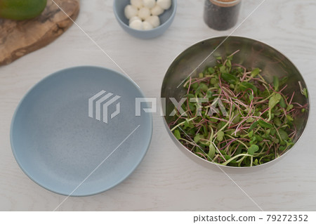 Microgreens in steel bowl ready to make salad Microgreens in steel bowl ready to make salad 79272352