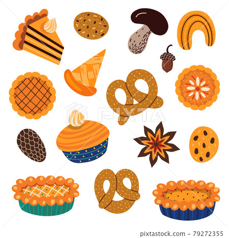 Set of various pastry food and autumnal leaves Set of various pastry food and autumnal leaves 79272355