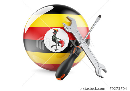 Service and repair in Uganda concept. Screwdriver and wrench with Ugandan flag, 3D rendering 79273704
