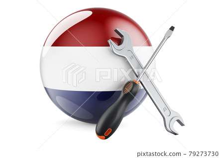 Service and repair in the Netherlands concept. Screwdriver and wrench with The Netherlands flag, 3D rendering 79273730