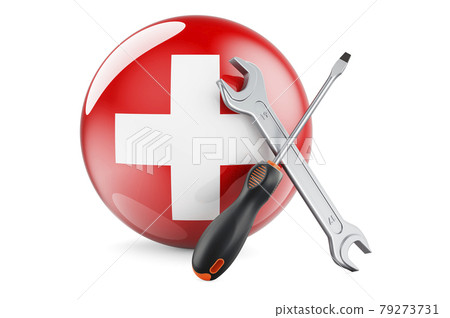 Service and repair in Switzerland concept. Screwdriver and wrench with Swiss flag, 3D rendering 79273731