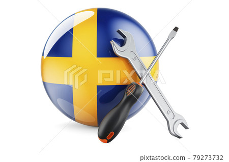Service and repair in Sweden concept. Screwdriver and wrench with Swedish flag, 3D rendering 79273732