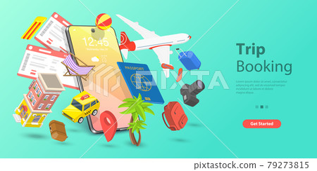 3D Isometric Flat Vector Landing Page Template of Mobile Trip Booking App. 3D Isometric Flat Vector Landing Page Template of Mobile Trip Booking App. 79273815