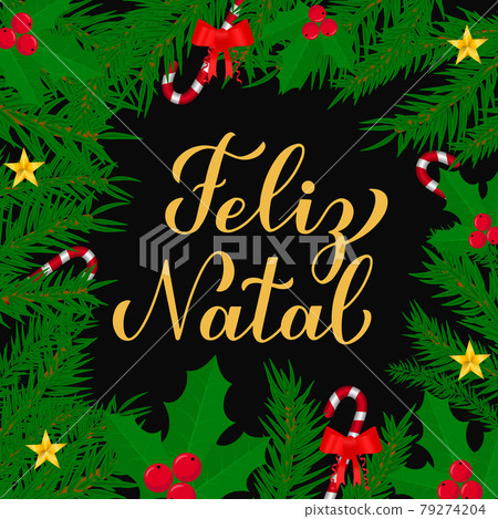 Feliz Natal calligraphy hand lettering with fir tree branches. Merry Christmas typography poster in Portuguese. Vector template for greeting card, banner, flyer, etc. 79274204