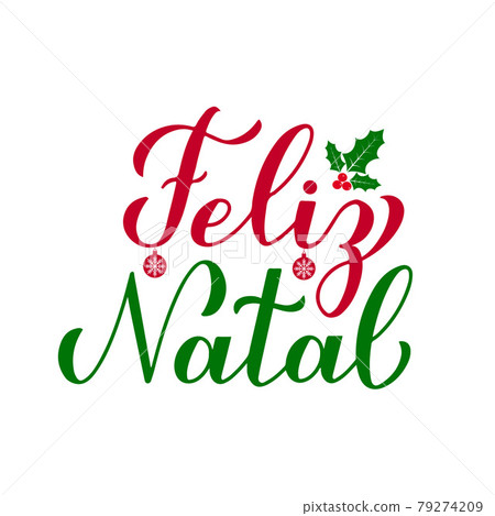 Feliz Natal calligraphy hand lettering with holly berry mistletoe isolated on white. Merry Christmas typography poster in Portuguese. Vector template for greeting card, banner, flyer, sticker, etc. 79274209