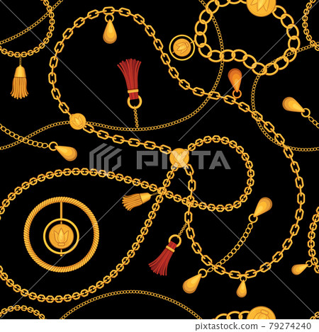 Golden chains seamless pattern. Print with chain belt, gold necklace, jewel bracelet with pendant and tassel. Luxury fashion vector ornament Golden chains seamless pattern. Print with chain belt, gold necklace, jewel bracelet with pendant and tassel. Luxury fashion vector ornament 79274240