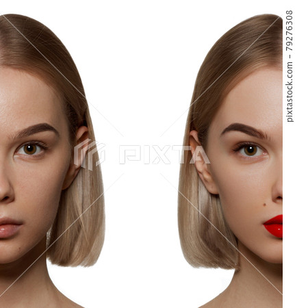 Beautiful young woman before and after makeup applying . Comparison portrait . Two parts of model face with and without makeup. Two parts of face , with bright make up and natural 79276308