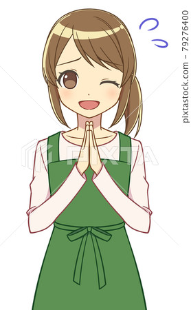 A woman in an apron asking you to put your hands together 79276400
