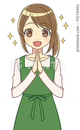 A woman in an apron rejoicing with her hands together 79276401
