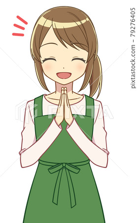 A woman in an apron rejoicing with her hands together 79276405