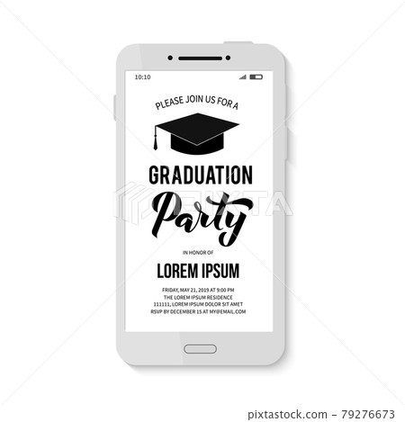 Graduation party invitation for smartphone. Electronic email or text graduation party invite. Graduation celebration announcement vector template. Graduation party invitation for smartphone. Electronic email or text graduation party invite. Graduation celebration announcement vector template. 79276673