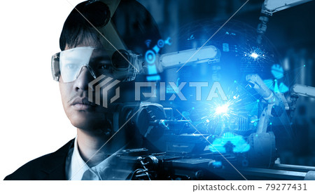 Mechanized industry robot arm and factory worker double exposure 79277431
