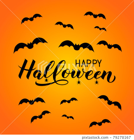 Happy Halloween calligraphy hand lettering with silhouette of spiders and bats. Easy to edit vector template for greeting card, banner, typography poster, party invitation, t-shirt, etc. 79278167