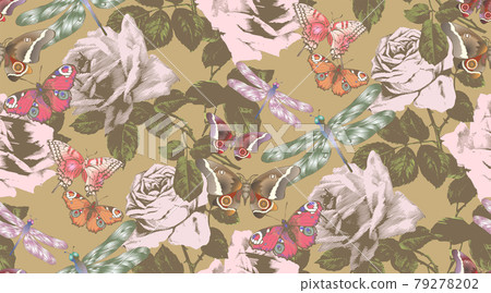 A seamless vintage pattern. Roses and butterflies A seamless vintage pattern. Roses and butterflies 79278202