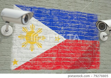 Surveillance cameras and wall with flag of Philippines. Modern security related 3D rendering 79278805