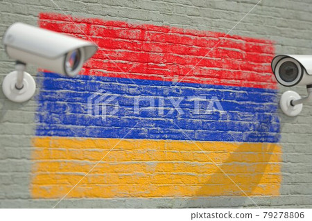 Wall with national flag of Armenia and CCTV cameras. Privacy or surveillance system related conceptual 3D rendering Wall with national flag of Armenia and CCTV cameras. Privacy or surveillance system related conceptual 3D rendering 79278806