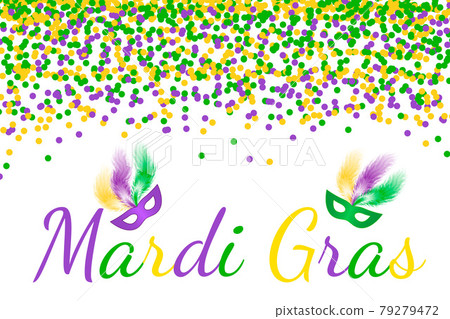 Mardi Gras carnival vector background with green, purple and yellow confetti. Easy to edit design template for your projects. 79279472