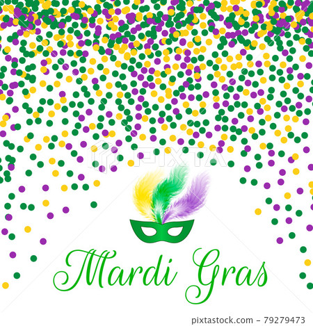 Mardi Gras carnival vector background with green, purple and yellow confetti. Easy to edit design template for your projects. 79279473