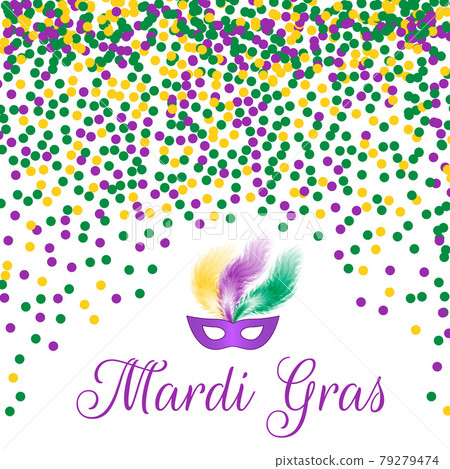 Mardi Gras carnival vector background with green, purple and yellow confetti. Easy to edit design template for your projects. 79279474