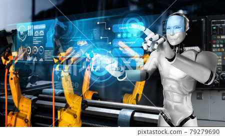 Mechanized industry robot and robotic arms for assembly in factory production . Mechanized industry robot and robotic arms for assembly in factory production . 79279690