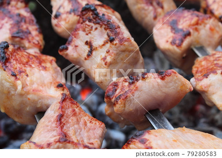 shashlik. Cooking meat on coals. picnic. barbecue. rest. Food in nature 79280583