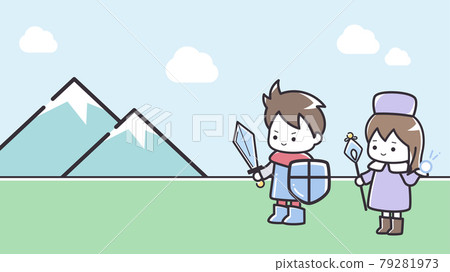 英雄和healer_game_RPG_16：9的簡單線條插圖 79281973