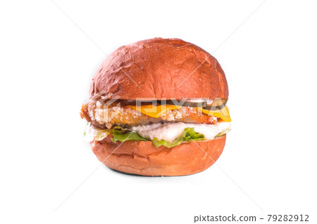 Chicken burger isolated on white background. Delicious fastfood grilled fresh tasty burger, Fried Chicken Meat, Different type of sandwiches on white background. 79282912