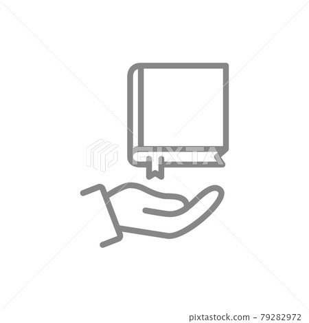 Book over hand line icon. Giving book, save library symbol 79282972