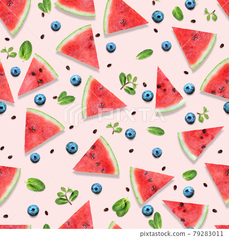 Seamless pattern of Watermelon slices with fresh mint leaves and blueberry 79283011